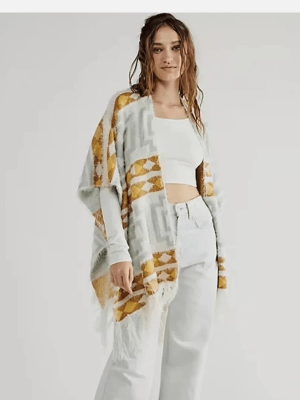 Free People White and Mustard Geometric Knit Poncho